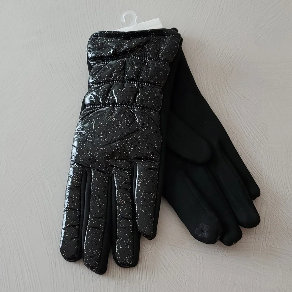 Black puffer finger gloves multicolor sparkles suede feel Cozy Gift giving